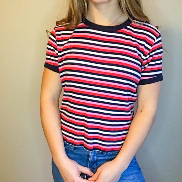 gaze Tops - gaze Stripped Short Sleeve Tee Crop Top